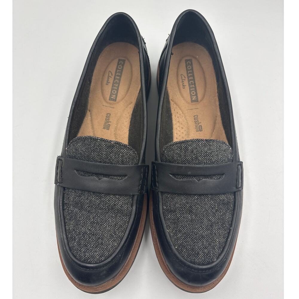 Clarks Women's Raisie Eletta Penny Loafers Black Leather Gray Tweed Preppy 7.5
